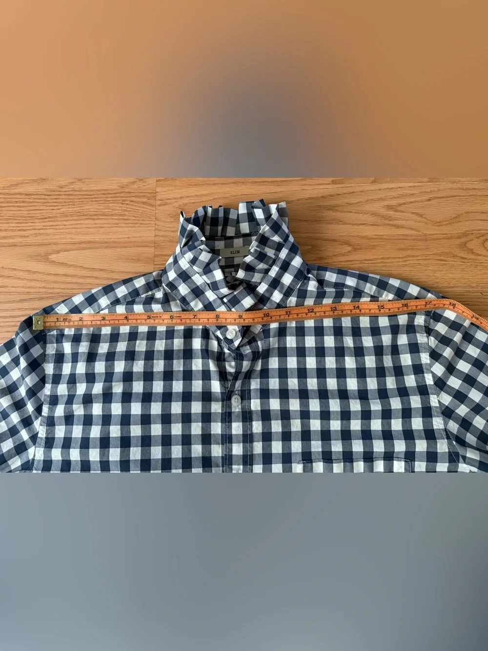 Upcycled J. Crew Navy and White Gingham Button-Down Shirt with Ruffle Neck - Picture 11 of 14